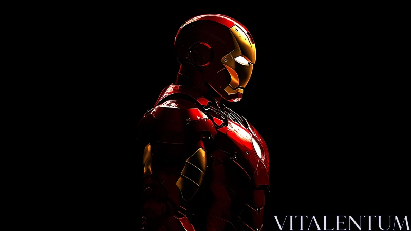 Crimson armored sentinel glows against a void of shadowed night.