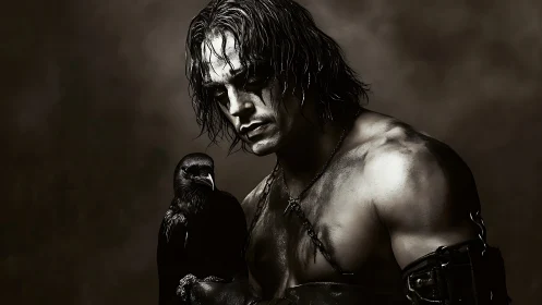 Brooding raven keeper in storm-dark warrior chiaroscuro.