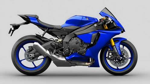 Electric blue superbike side profile in studio lighting.