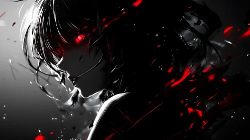 Shadowed anime warrior with glowing red eyes and sparks.