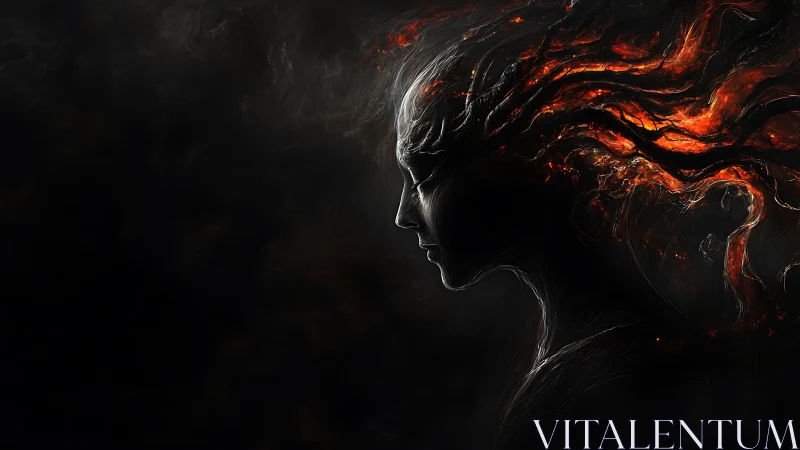 Fiery ethereal profile merges human silence with burning void