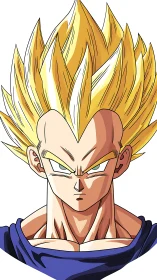 Golden‑haired warrior glare with gravity‑defying fury.