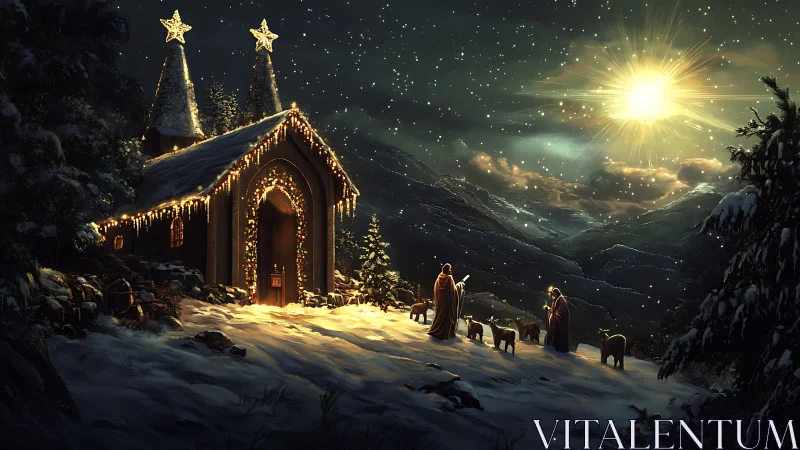 Snow-covered chapel with nativity figures under bright star.