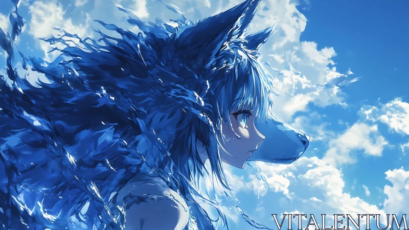 Skybound wolf spirit girl gazes ahead in shimmering blue light