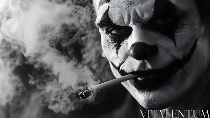 Smoldering clown gaze wrapped in noir shadows and smoke.