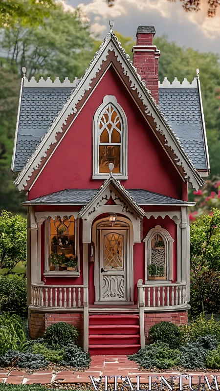 Gothic red cottage miniature with ornate trim and warm lighting.