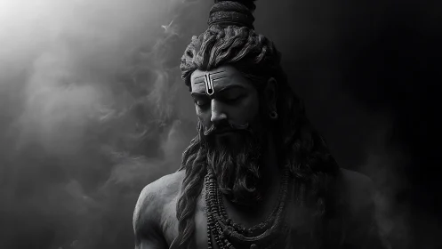 Monochrome digital figure of meditative long-haired man