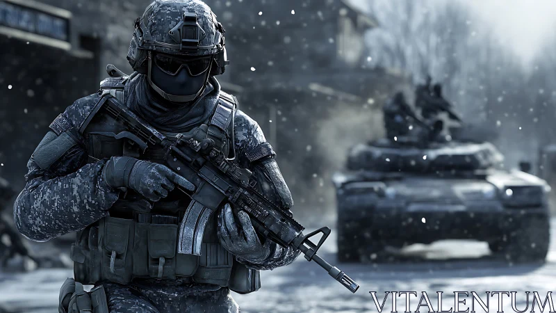 Tactical infantry operator advancing before armored column.