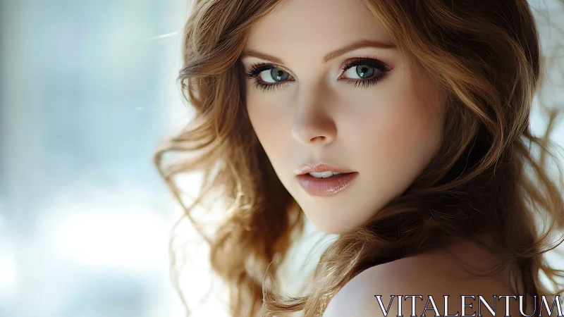 Portrait highlights luminous eyes and soft golden waves.