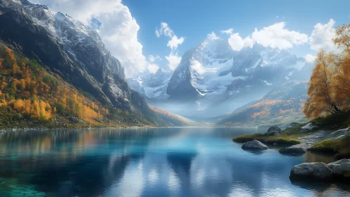 Mountain lake reflects snow peaks and autumn forest in daylight