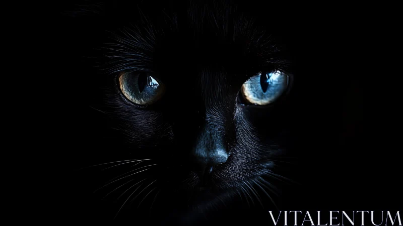 High-contrast black cat portrait with luminous blue eyes against deep darkness