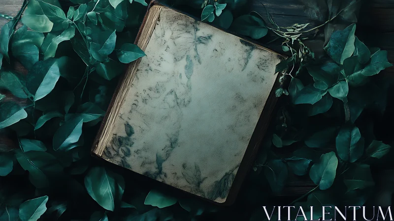 Old closed book lies centered among dense green leaves