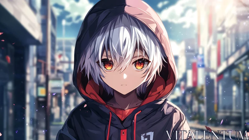 Hooded anime teen with white hair stands centered in city street