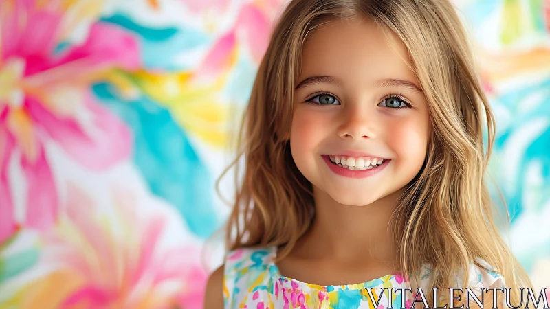 Smiling girl with blonde hair against vibrant floral background.