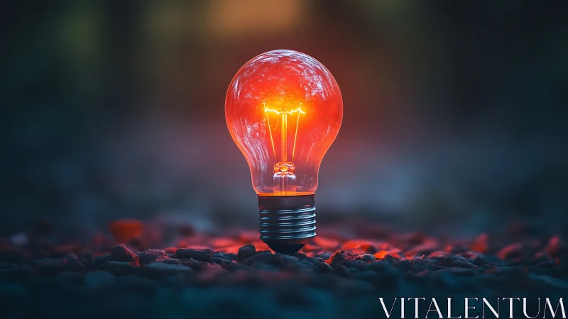 Lone ember-bright lightbulb glowing over twilight gravel.