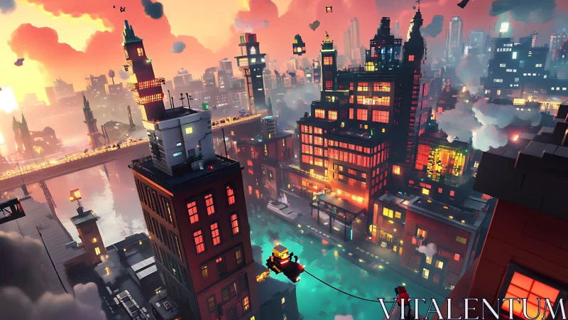 Sunlit voxel city glows warmly as tiny adventurers explore