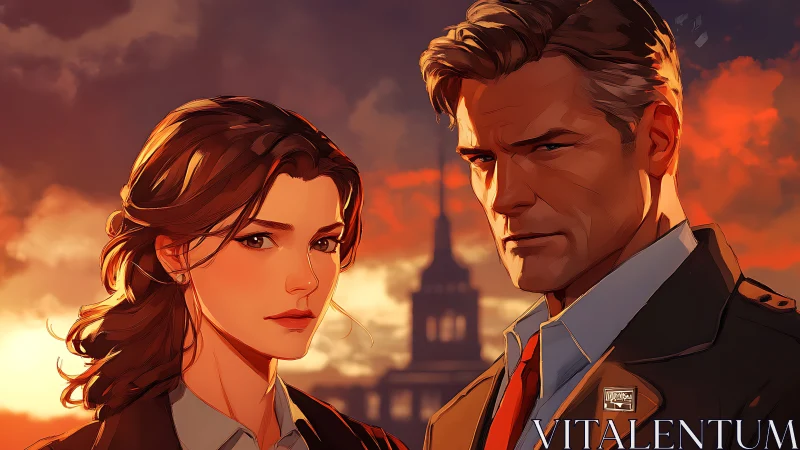 Serious man and woman in sunset city portrait scene.