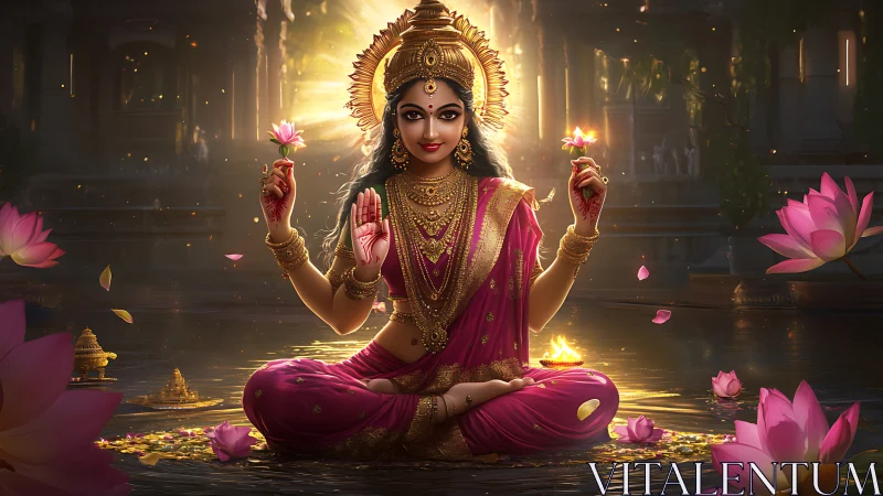 Illuminated lotus goddess rendered with high dynamic detail.