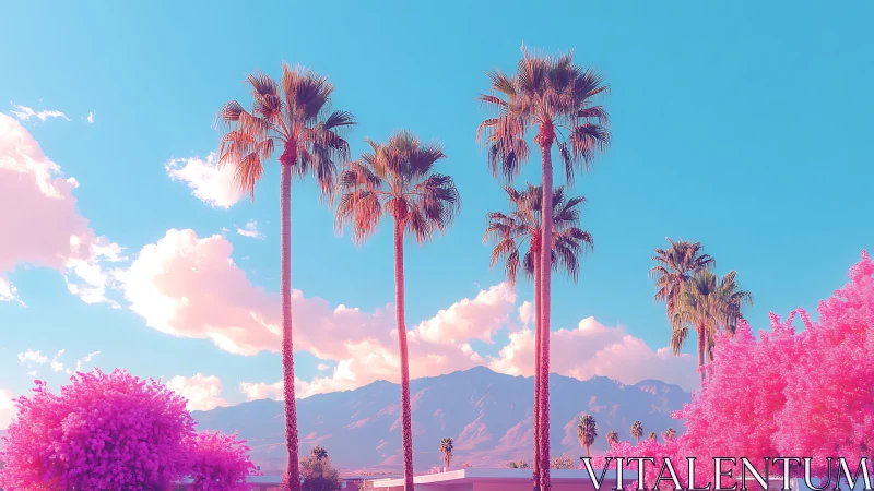 Neon desert palm trees against bright mountains and sky.