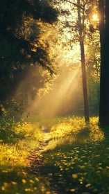 Golden sunlight pierces misty forest path with radiant crepuscular rays