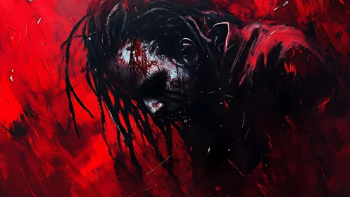 Shadowed figure sinks into crimson chaos and visceral rage