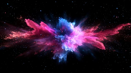 Cosmic nebula explosion radiates vivid magenta and blue light.