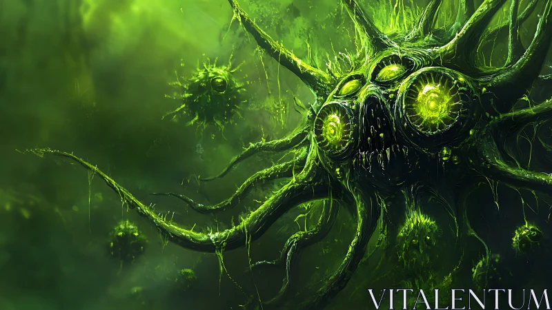 Bioluminescent tentacled organism in dense green mist.