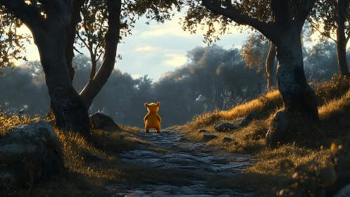 Yellow bear-like figure on stone path in forest light.