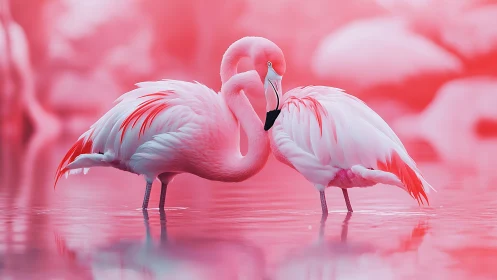 Two Pink Flamingos in Shallow Water Environment.