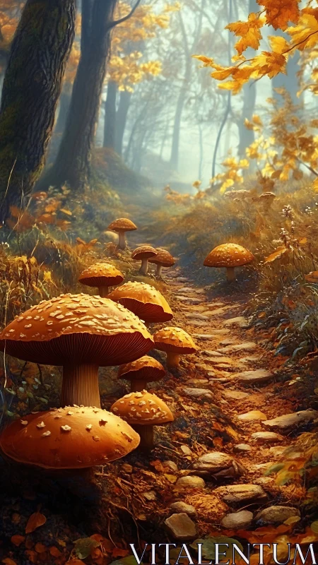 Enchanted forest path lined with glowing orange mushrooms.