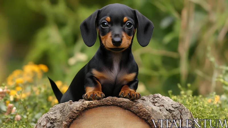Black and tan dachshund puppy on cut log in garden setting.