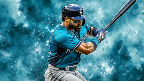 Focused baseball slugger ready to swing in bold teal hues.
