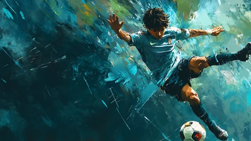 Dynamic soccer player launches aerial kick in vivid teal storm