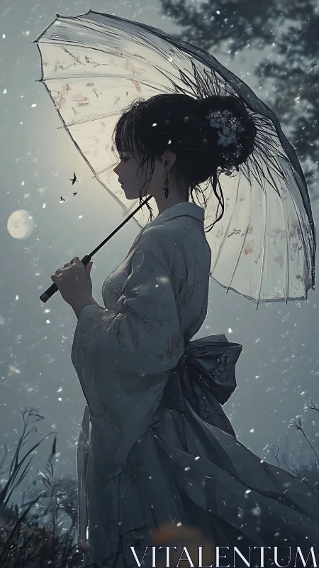 Silhouetted woman holds parasol under moonlit falling snow