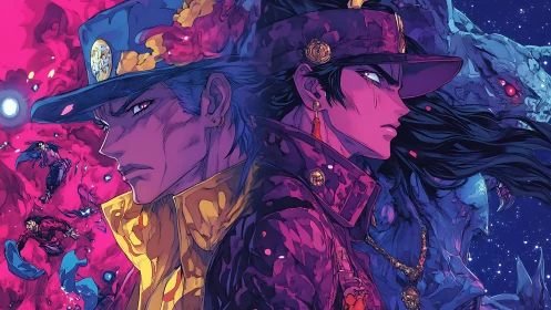 Dual anime warriors divide cosmic void with chromatic contrast