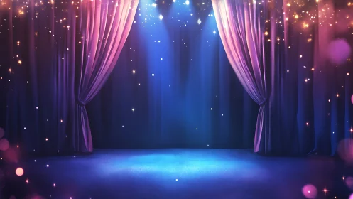 Stage with curtains and spotlights under particle lighting.