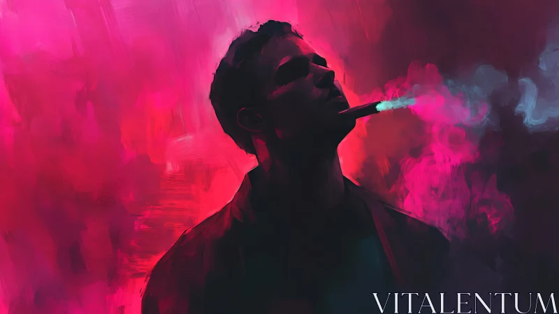 Neon-lit smoker in moody magenta and cyan nocturne.