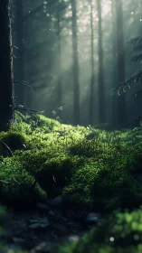 Sunlit Forest Floor with Moss and Ancient Trees.