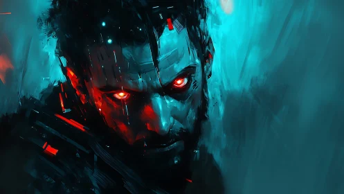 Cybernetic man with glowing red eyes in teal shadows.