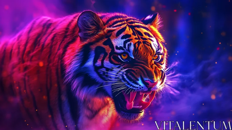 Neon-lit tiger portrait with dramatic roaring intensity.