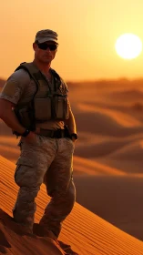 Soldier stands on desert dune under blazing sunset sky.