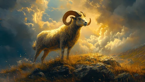 Mountain ram in dramatic backlit storm cloud landscape