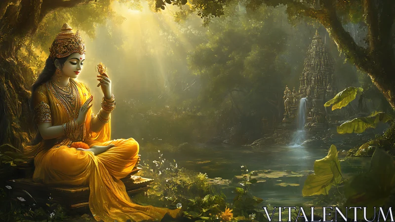 Golden goddess in a forest shrine of soft morning light.