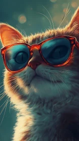 Cat Wearing Red Sunglasses Against Teal Bokeh Background