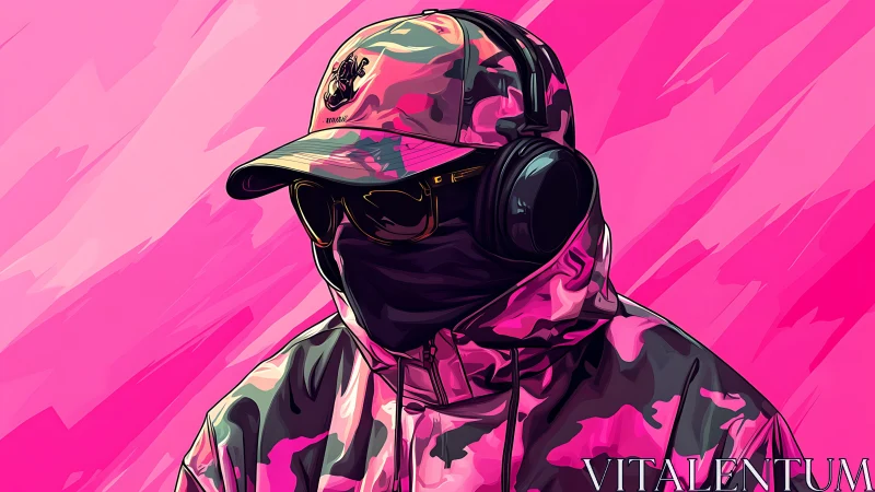 Hooded figure in pink camo with masked face and studio headphones