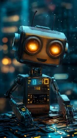 Cute robot glows warmly amid neon circuitry at night