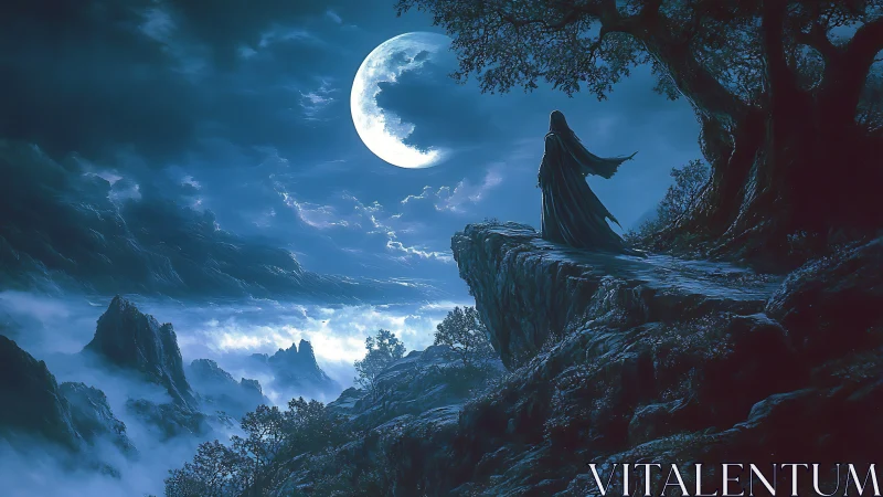 Cloaked figure on cliff overlooking moonlit cloud valley.