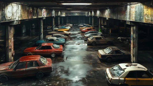 Row of abandoned cars fills decayed multi-level parking garage