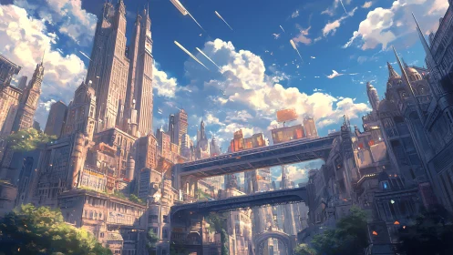 High-rise transit megacity under luminous stratocumulus sky.