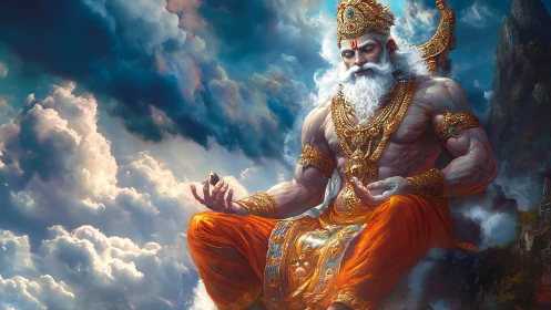 Muscular sky deity meditates amid volumetric clouds and ornate gold